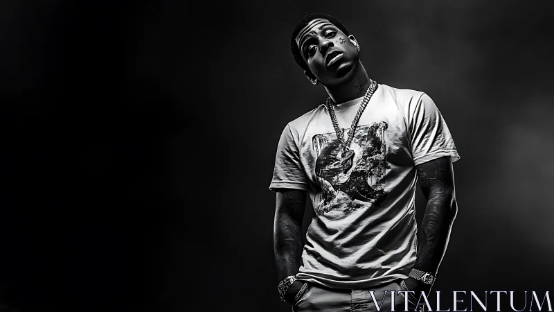 Monochrome hip-hop portrait with dramatic side lighting.