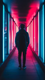 Silhouette in neon tunnel under blue and pink light glow.