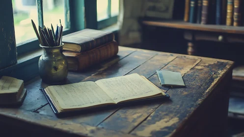 Old wooden desk with open notebook and stacked books.