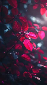 Red foliage is illuminated by directional light in shallow focus