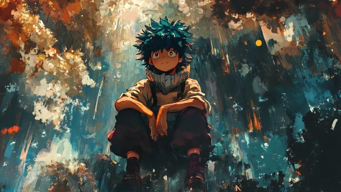 Pensive anime boy under cascading abstract forest light.