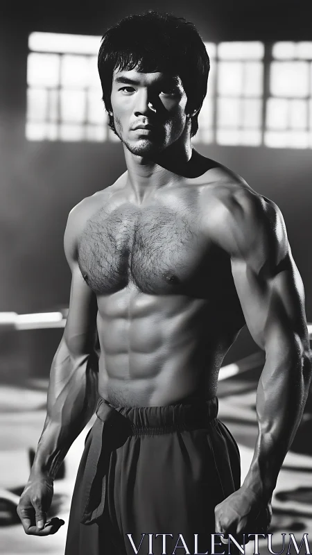 Monochrome portrait of muscular male martial artist standing.