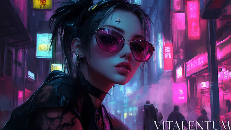 Cyberpunk street portrait in neon-lit rainy back alley.