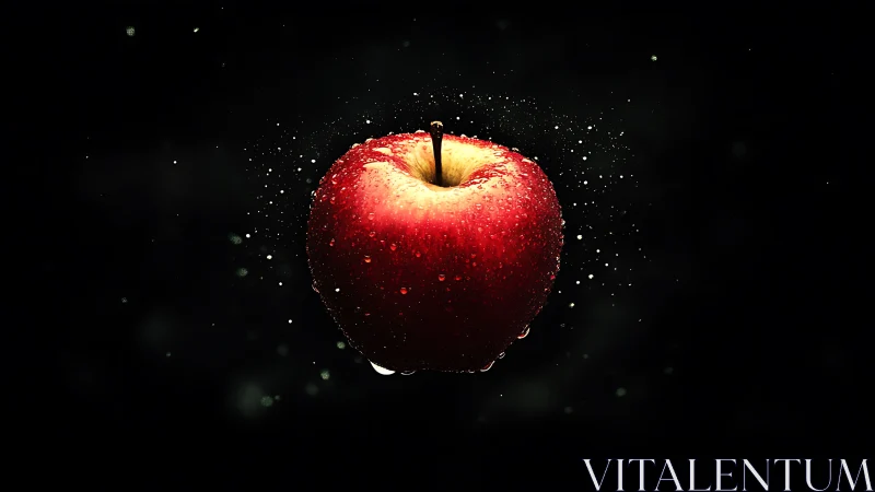 Glowing red apple suspended in a quiet splash of light.