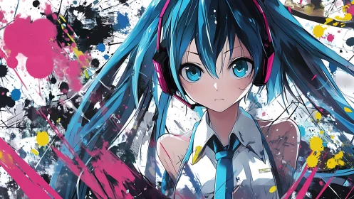 Vivid anime girl with headphones amid dynamic paint splatter field