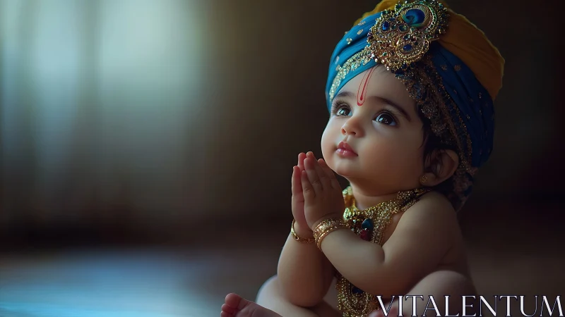 Divine infant portrait in jeweled turban with folded hands.