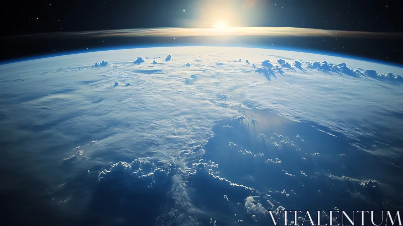 Photorealistic orbital sunrise over cloud-laden Earth horizon.