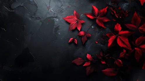 Crimson ivy leaves scattered over shadowed slate ground.