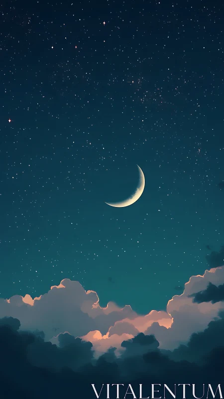 Crescent moon over glowing clouds in tranquil night sky.