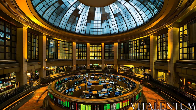Grand trading floor glows beneath towering glass dome.