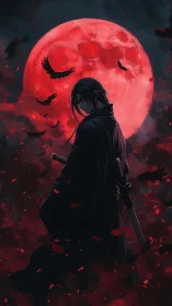 Blood moon ronin amid swirling crows and crimson petals.