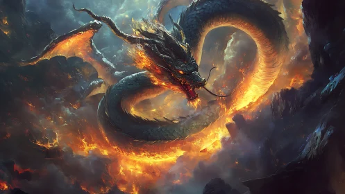 Volcanic serpentine dragon in turbulent pyroclastic vortex.