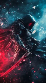 Hooded armored warrior with glowing red sword and eyes.