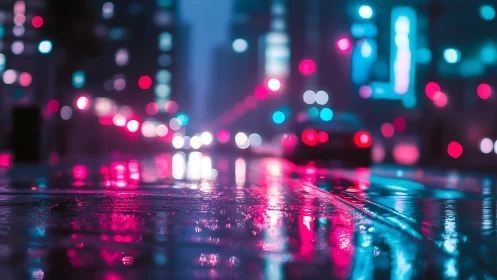 Neon raindrops conduct a quiet symphony on midnight asphalt