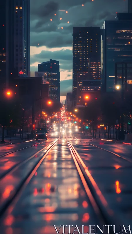 Moody city street with wet rails and distant traffic glow.