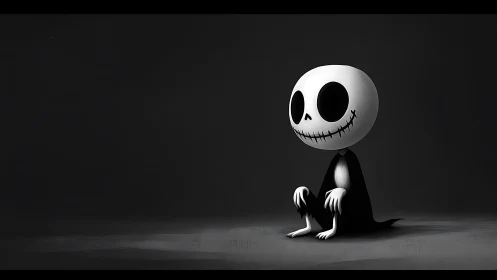 Monochrome chibi skeleton figure in minimal void environment.