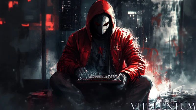 Masked cyberpunk hacker types on keyboard in red jacket