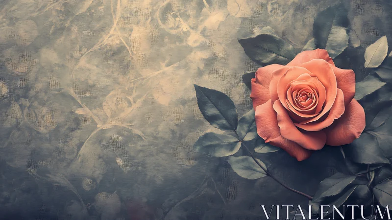Coral Rose Stands Vivid Against Vintage Floral Backdrop.