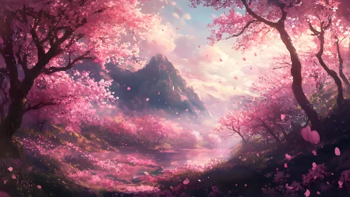 Blossom-drenched valley cradling a dream-bright mountain dawn.