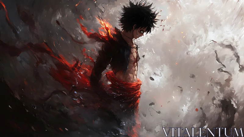 Fiery anime warrior stands amid swirling smoke and ash