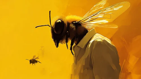 Human figure with bee head stands against uniform yellow field