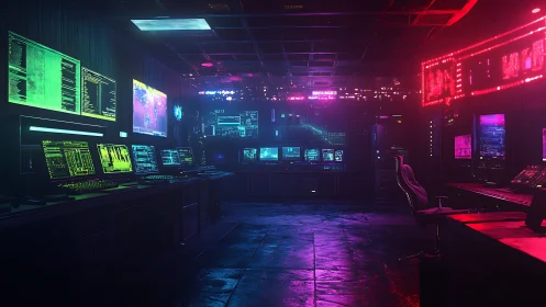Cyberpunk command center glows with neon monitoring arrays.