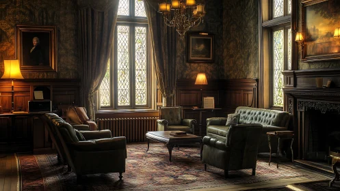 Edwardian lounge with leather seating, leaded windows and warm lamps