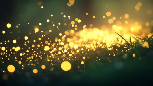 Golden bokeh fireflies hover over dewy twilight grass.
