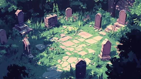 Wildflowers reclaim a forgotten circle of moss-lit gravestones