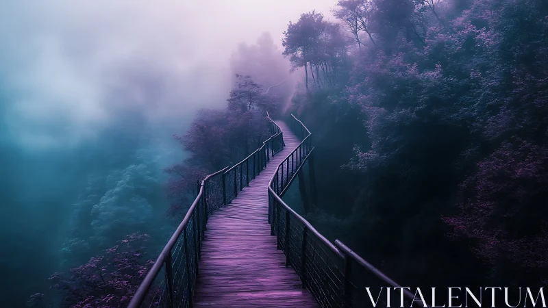 Whispering Fogwalk: Curved Forest Bridge in Neon Mist.