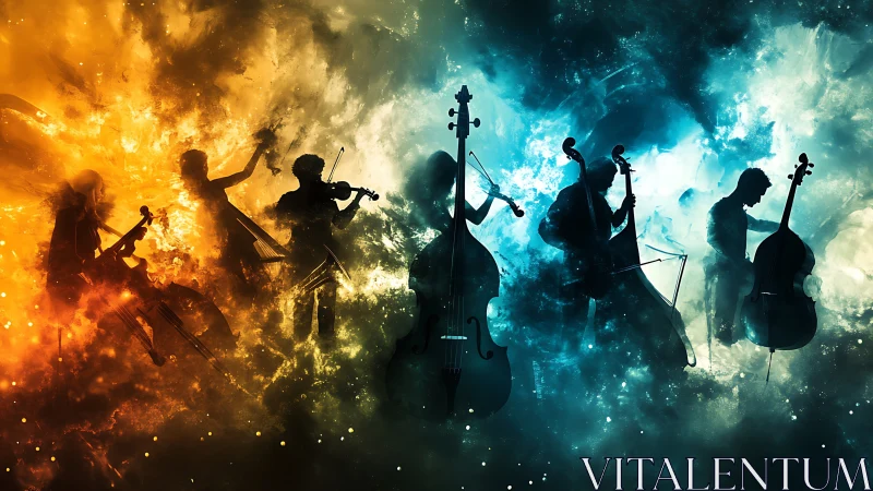 Silhouetted string ensemble within divided color nebula.