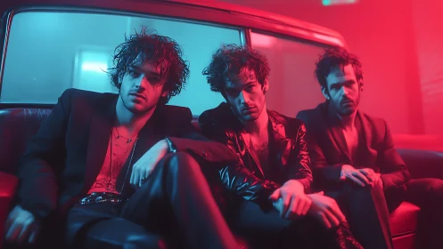 Trio of men sit in neon car interior with moody lighting