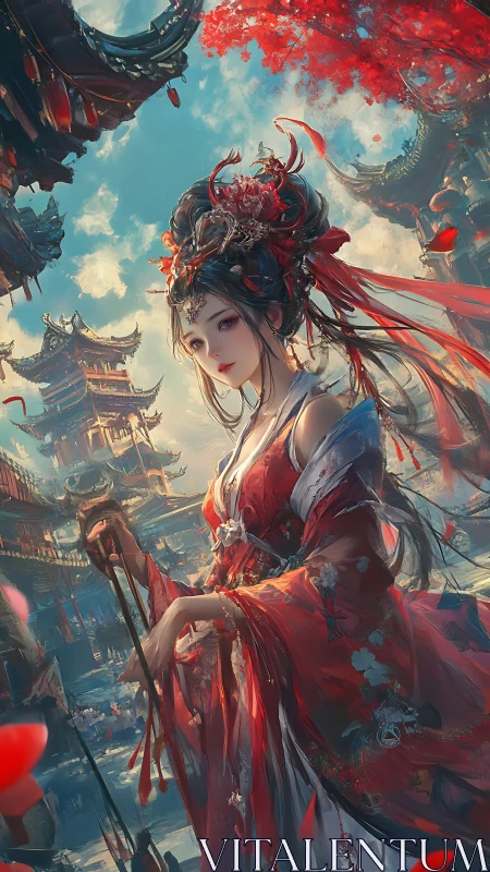 Imperial courtesan rises amid crimson petals and spires.