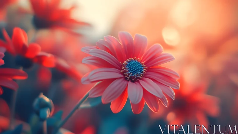 Red daisy flower with blue center in soft focus environment