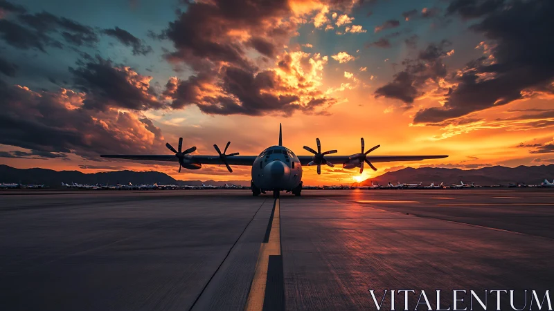 Sunset runway calm with a waiting propeller aircraft.