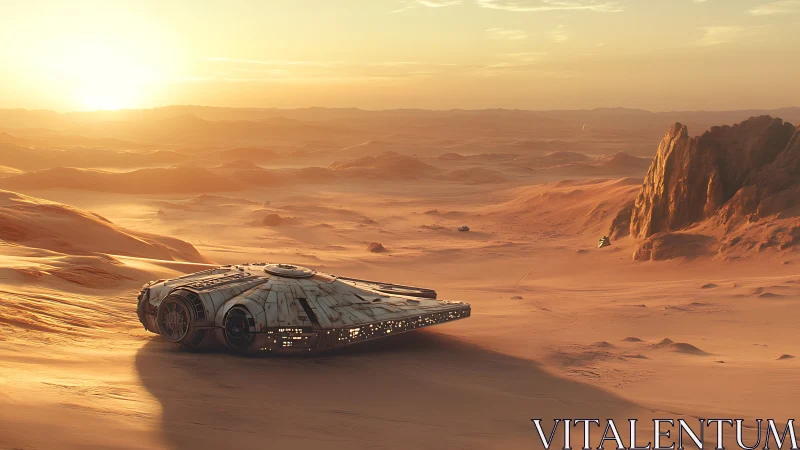 Futuristic starship rests on sunlit alien desert dunes.