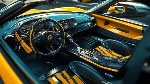 Futuristic yellow supercar cockpit glows with refined luxury