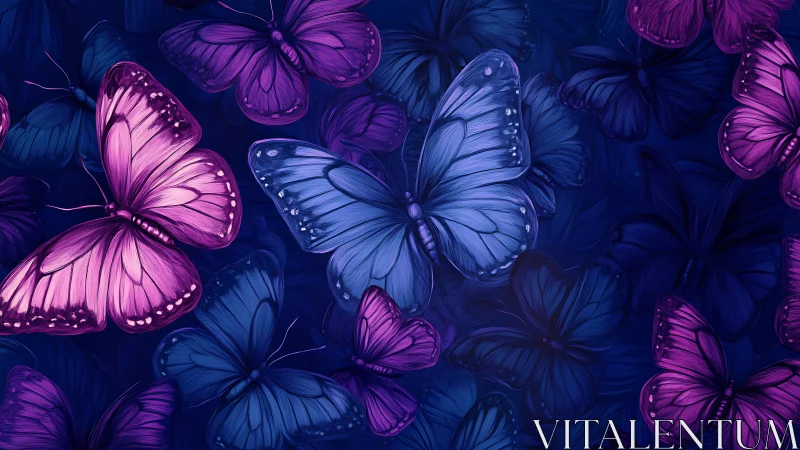 Vibrant violet and blue butterflies over deep indigo field.