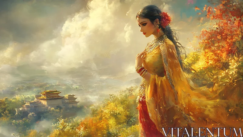 Woman in ornate attire overlooks distant temple landscape