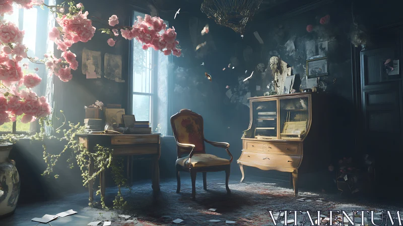 Sunlit vintage study filled with drifting petals and dust