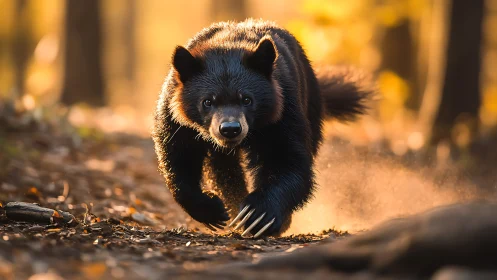 Golden-hour forest sprint of a determined black bear cub.