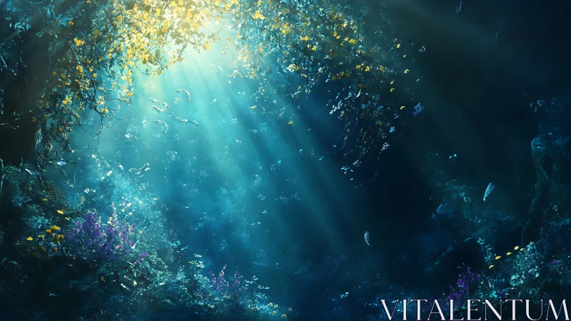 Digital painting of luminous underwater glade composition.