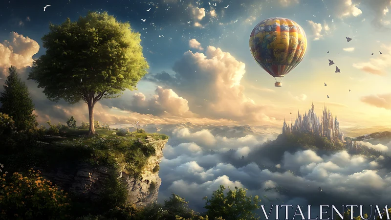 Elevated fantasy landscape with hot air balloon above cloud sea
