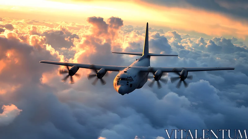 Military transport aircraft flies level above dense cloud layer