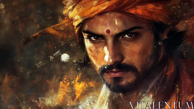 Fiery portrait of a determined warrior in swirling embers