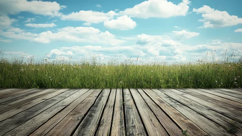Weathered wooden deck facing tall grass under blue sky.
