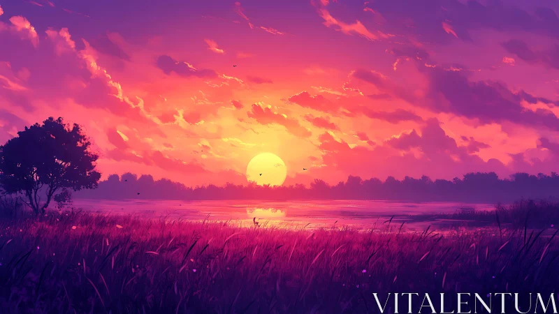 Neon dusk sun melting over violet rivergrass horizon.