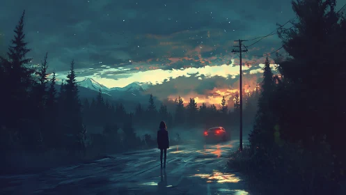 Solitary figure on misty forest road at neon dusk.