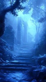 Moonlit stone stairway rising through misty forest ruins