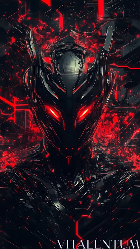 Cybernetic humanoid with red glowing eyes in darkness.